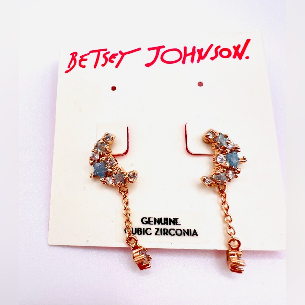 Vintage Betsey Johnson Gold Tone Blue Cubic Zirconia Moon & Star Dangle Earrings